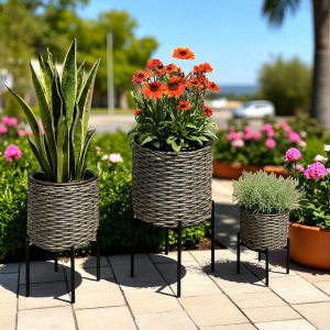 CAPRI-7 Poly Wicker Pedestal Round Pots (Set 3)