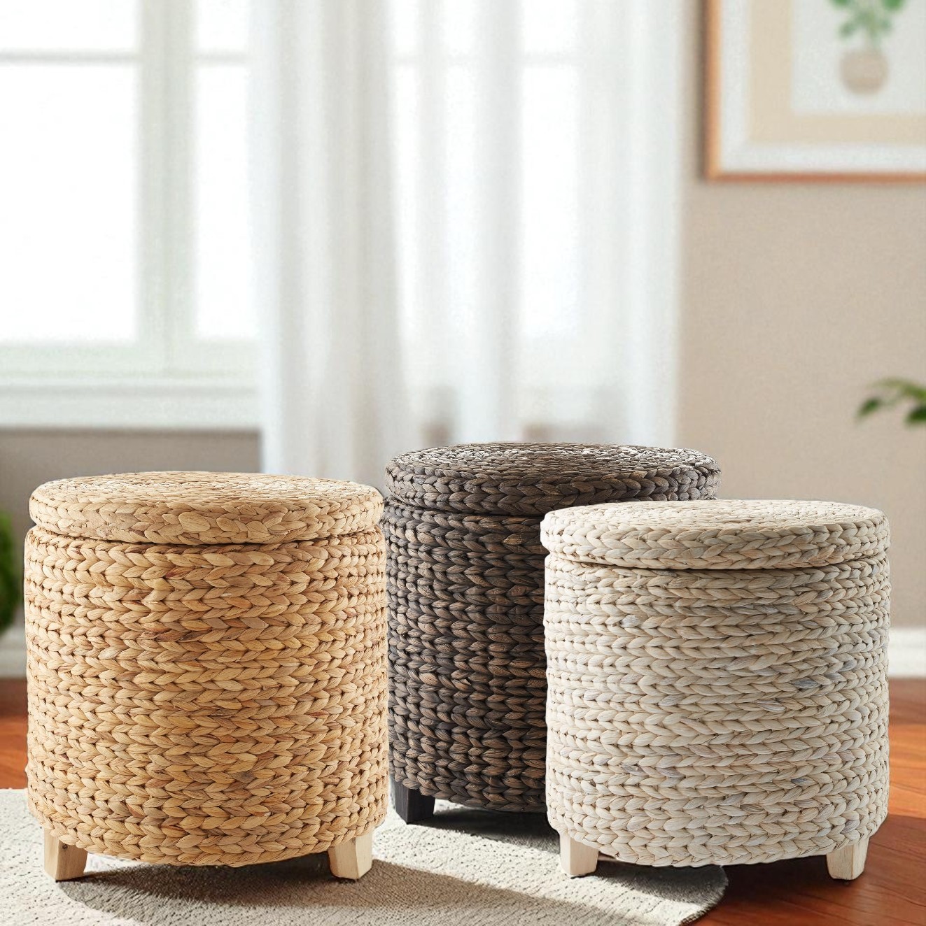 IBIZA-1 Hyacinth Round Storage Ottoman Stool Table - Image 3