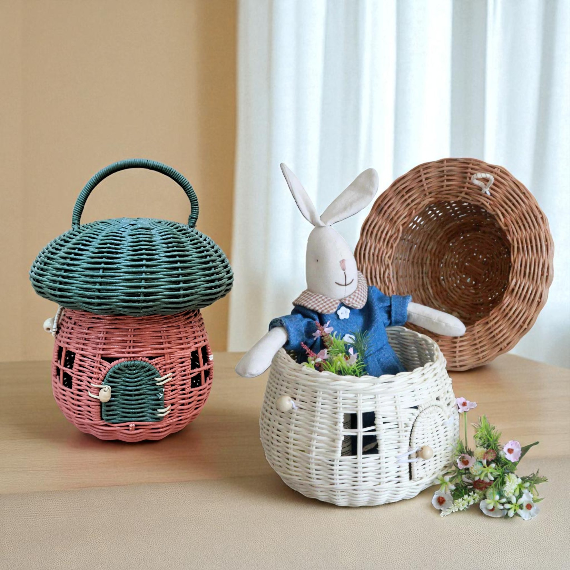 NEVIS-5 Natural Rattan Mushroomed Basket with Handled Lid - Image 2