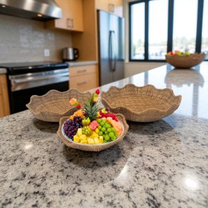 LUCIA-5 Natural Rattan Scalloped Serving Trays (Set 3)