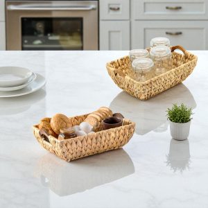 ISLA-1 Hyacinth Tray Baskets with Curved Wooden Handles (2 Pack)