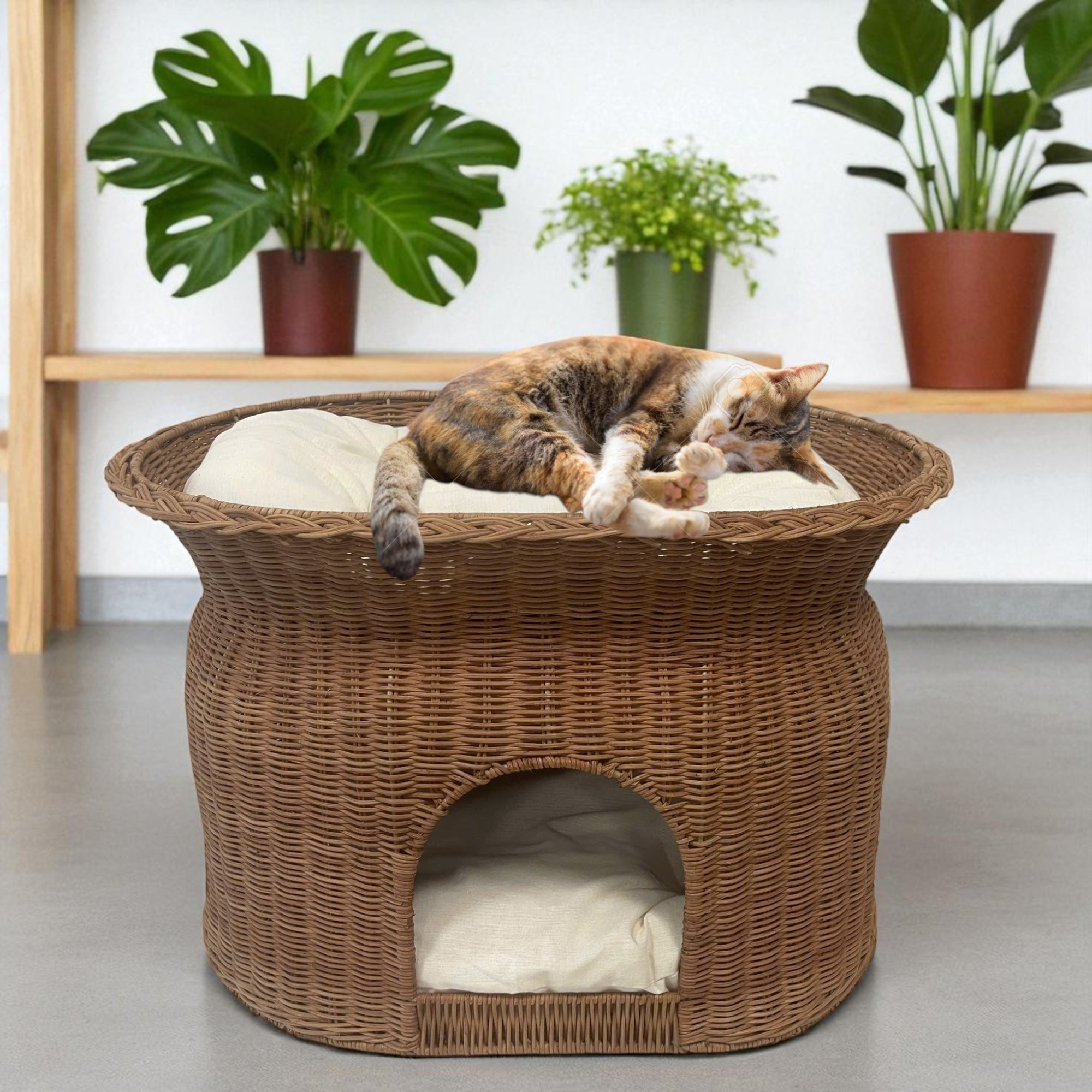 NEVIS-5 Rattan Stylish 2-tier Oval Cat House - Image 2