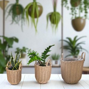 CAPRI-7 Poly Rattan Round Basket Planters with Handles (Set 3)