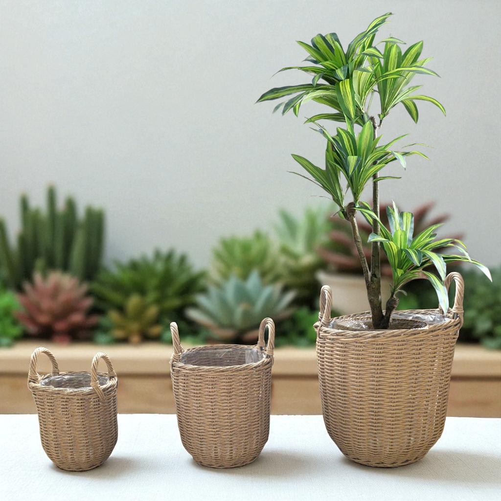 CAPRI-7 Poly Rattan Round Basket Planters with Handles (Set 3) - Image 2