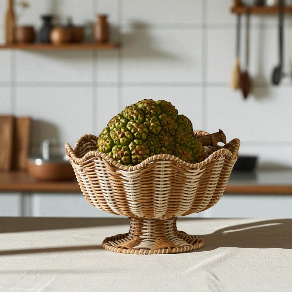 LUCIA-7 Poly Rattan Pedestal Scalloped Fruit Bowl - Image 2