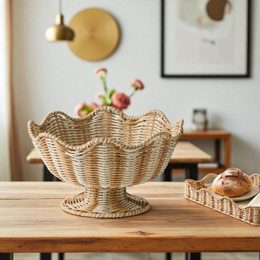 LUCIA-7 Poly Rattan Pedestal Scalloped Fruit Bowl