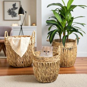 ISLA-3 Hyacinth Artisan Round Baskets with Handles (Set 3)