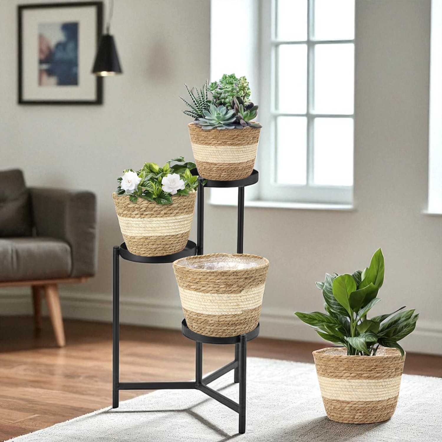 CAPRI-4 Seagrass & Corn Stalk Round Basket Planters (Set 3)